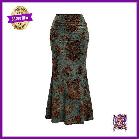 Vintage Goth Floral Ruched Fishtail Maxi Skirt High Waisted Bodycon